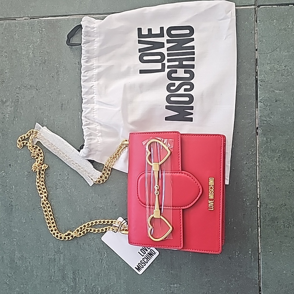 Love Moschino Red shoulder bag woman small double gold chain strap